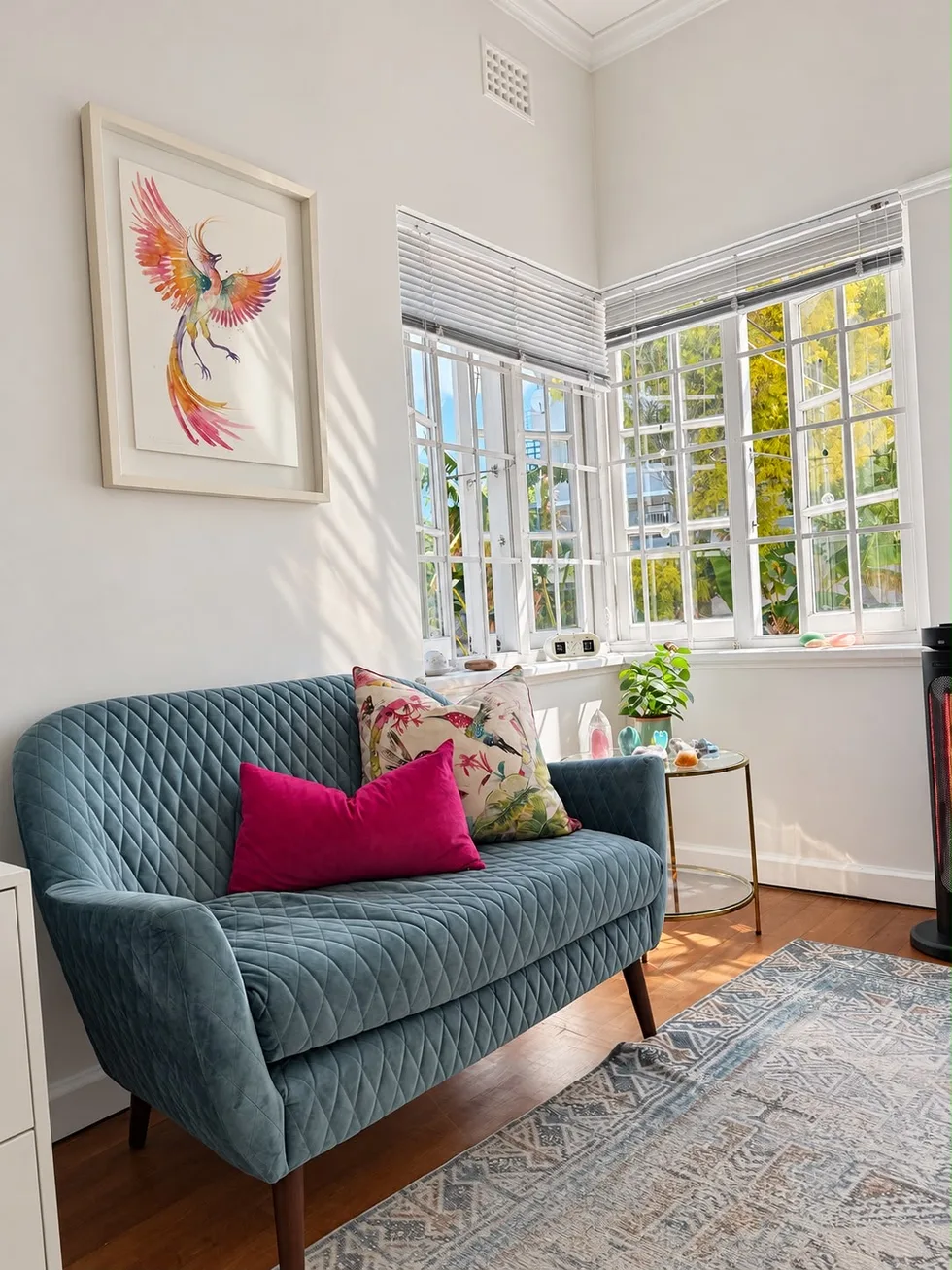 Renée's consulting room in Wynberg: a teal sofa with a pink cushion and a floral cushion, beneath her framed phoenix painting, by sunlit corner windows
