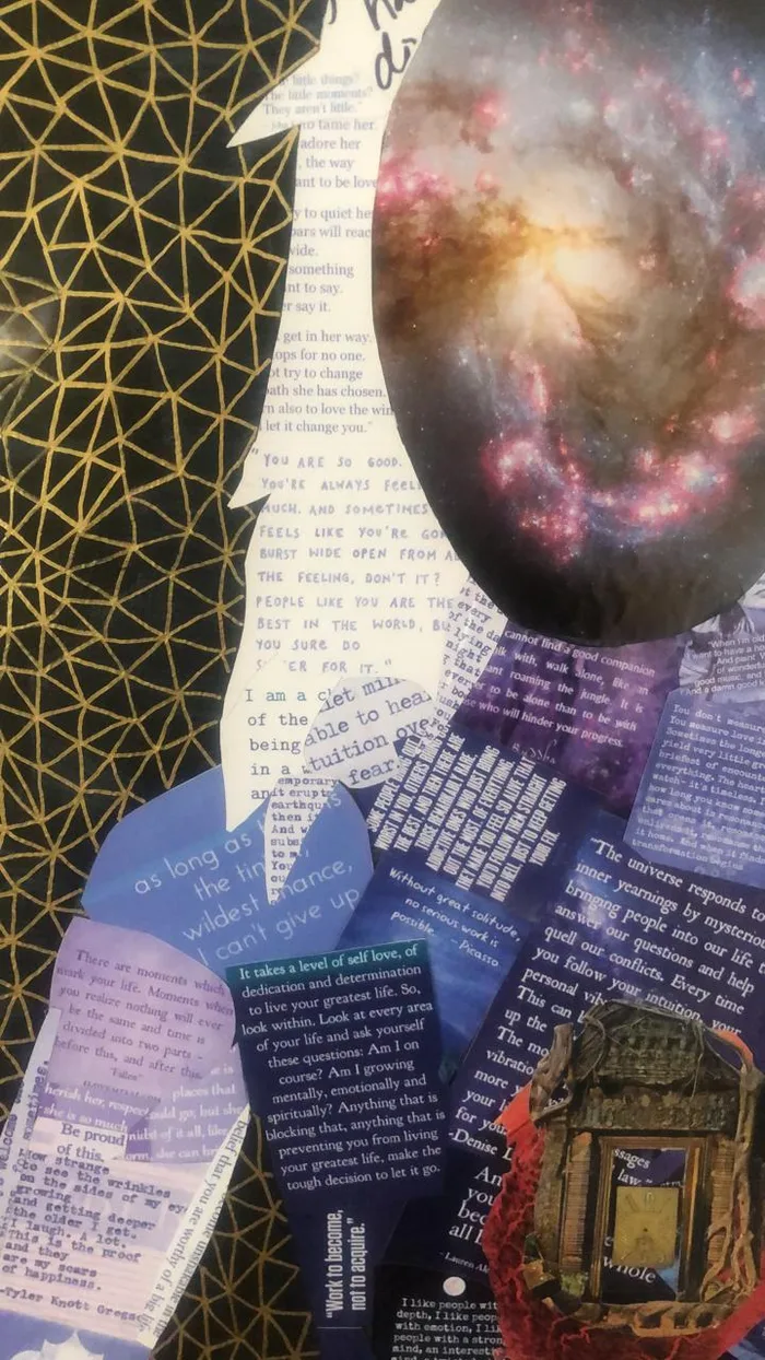 Collage of torn book pages, a galaxy and gold geometric lines