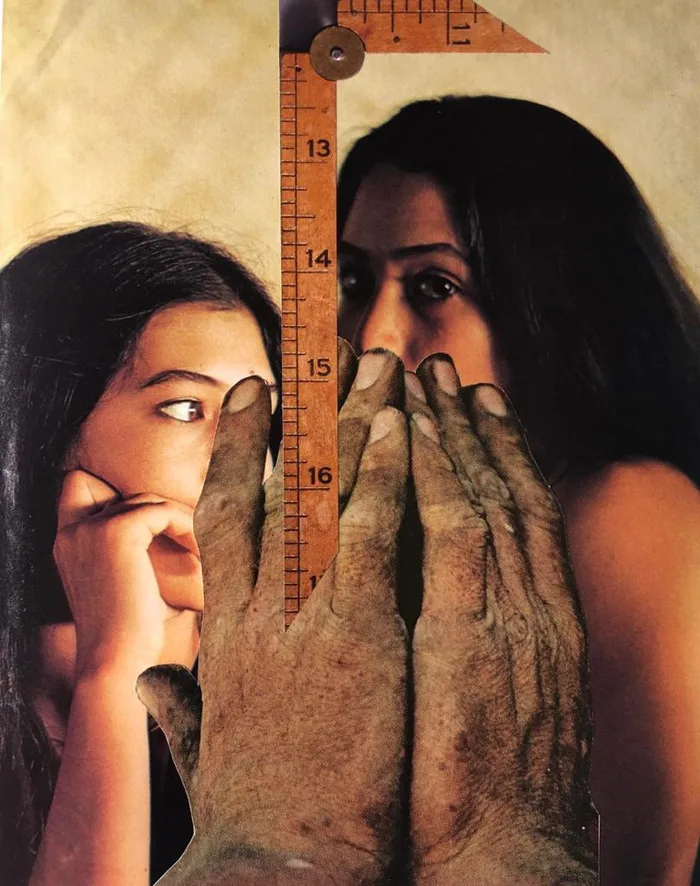 Collage of two young women peering out, one half-hidden behind large weathered hands, beside a measuring rule