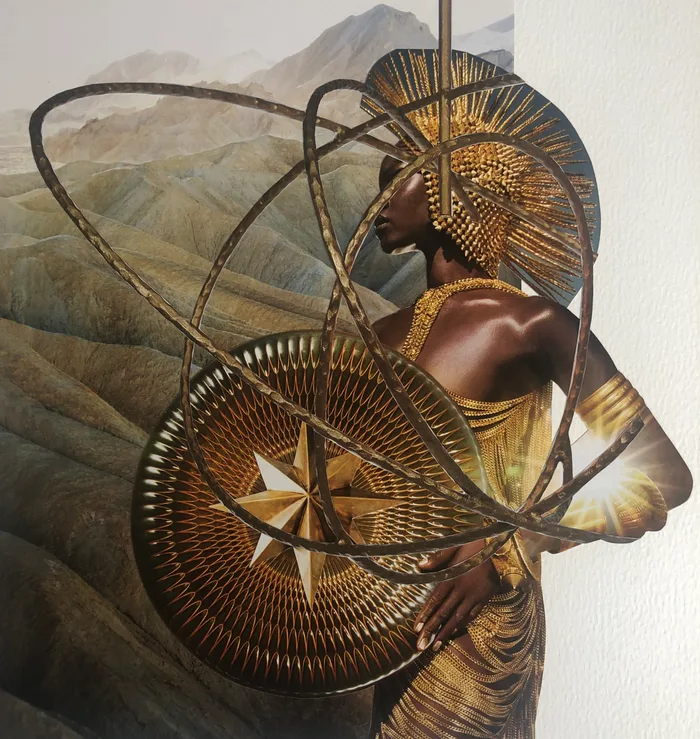 Collage of a woman in a golden headdress and gown, circled by bronze rings, before desert mountains