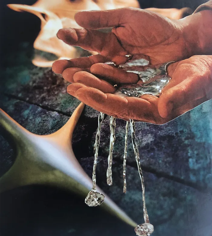 Collage of cupped hands holding liquid silver that drips down towards a pointed shape
