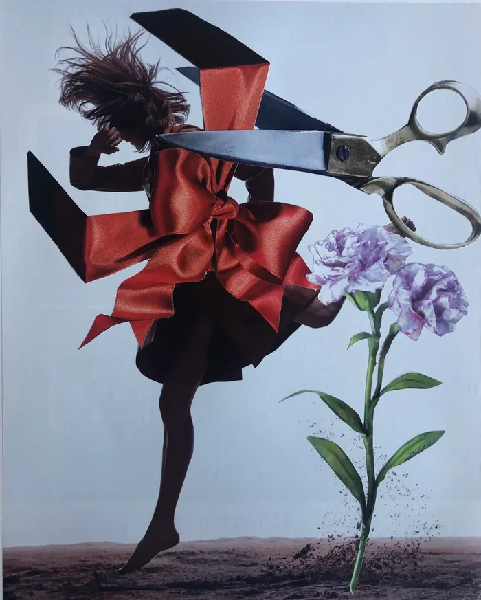 Collage of a woman leaping, wrapped in an orange ribbon bow, with large scissors and a purple carnation