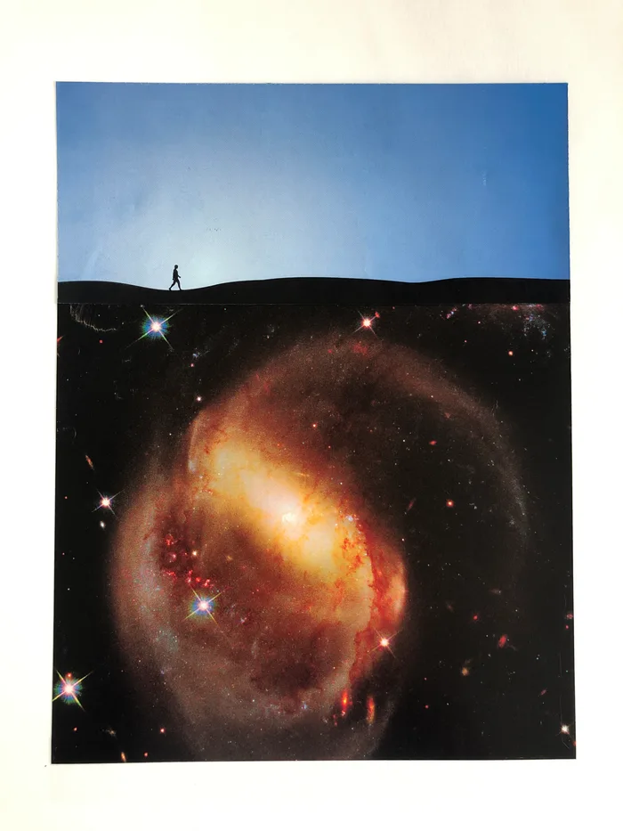 Collage of a strip of blue sky beside a glowing galaxy, a tiny figure standing at the edge between them
