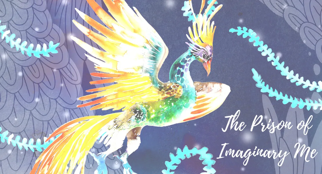 Illustrated phoenix in rainbow colours with the words “The Prison of Imaginary Me”